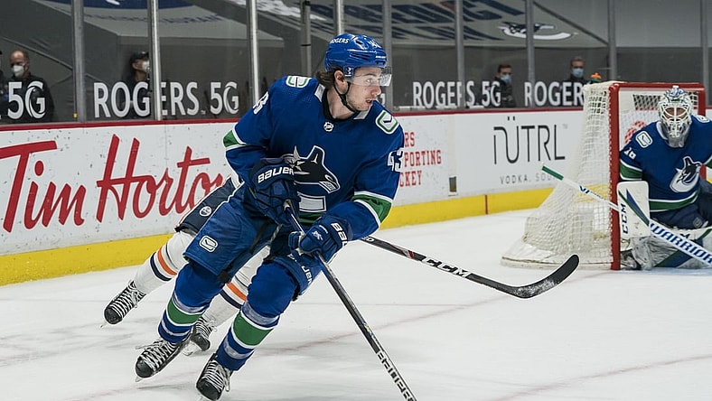 May 3, 2021; Vancouver, British Columbia, CAN; Vancouver Canucks defenseman Quinn Hughes (43) skates against the Edmonton Oilers in the third period at Rogers Arena. Oilers won 5-3. Mandatory Credit: Bob Frid-USA TODAY Sports