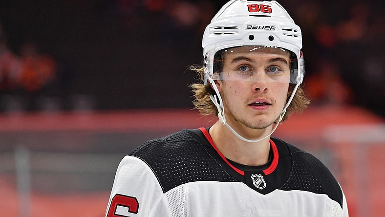 Apr 25, 2021; Philadelphia, Pennsylvania, USA;  New Jersey Devils center Jack Hughes (86) against the Philadelphia Flyers at Wells Fargo Center. Mandatory Credit: Eric Hartline-USA TODAY Sports