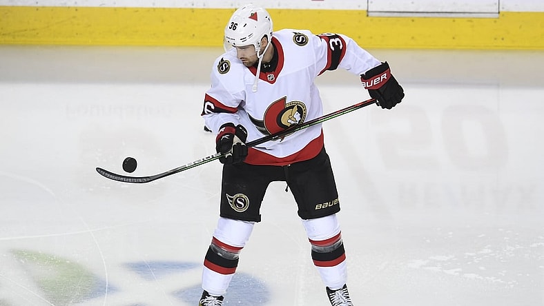 May 9, 2021; Calgary, Alberta, CAN; Ottawa Senators forward Colin White (36) warms up against the Calgary Flames at Scotiabank Saddledome. Mandatory Credit: Candice Ward-USA TODAY Sports