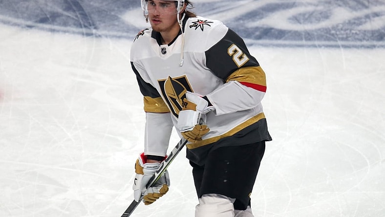 Jun 18, 2021; Montreal, Quebec, CAN; Vegas Golden Knights defenseman Zach Whitecloud (2) during the warm up session before the game three against Montreal Canadiens of the 2021 Stanley Cup Semifinals at Bell Centre. Mandatory Credit: Jean-Yves Ahern-USA TODAY Sports