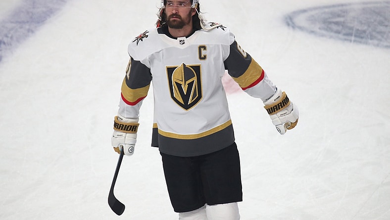 Jun 20, 2021; Montreal, Quebec, CAN; Vegas Golden Knights right wing Mark Stone (61) during the warm up session before the game four against Montreal Canadiens of the 2021 Stanley Cup Semifinals at Bell Centre. Mandatory Credit: Jean-Yves Ahern-USA TODAY Sports