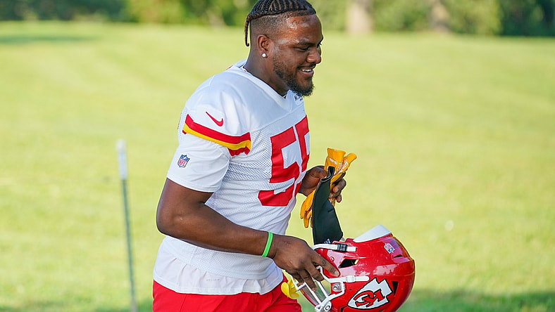 Jul 28, 2021; St. Joseph, MO, United States; Kansas City Chiefs defensive end Frank Clark (55) walks down the hill from the locker room to the fields during training camp at Missouri Western State University. Mandatory Credit: Denny Medley-USA TODAY Sports