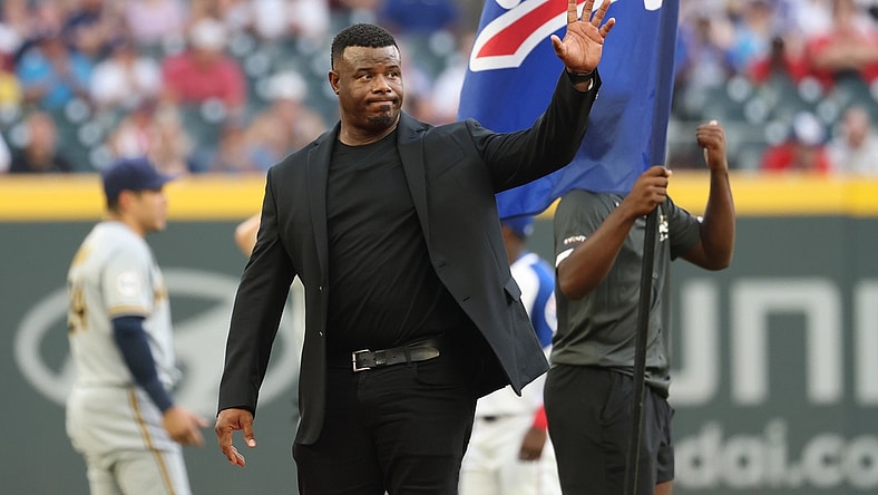 Jul 30, 2021; Atlanta, Georgia, USA; Former baseball player and Hall of Fame player Ken Griffey Jr. is honored during a special presentation during the Hank Aaron weekend before the Atlanta Braves game against the Milwaukee Brewers at Truist Park. Mandatory Credit: Jason Getz-USA TODAY Sports