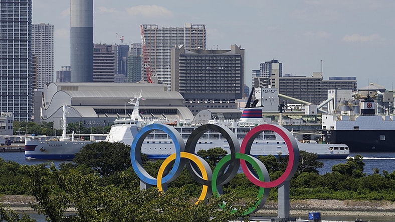 Aug 6, 2021; Tokyo, Japan; A general view of the Olympic rings as seen from Daiba during the Tokyo 2020 Olympic Summer Games. Mandatory Credit: Rob Schumacher-USA TODAY Sports