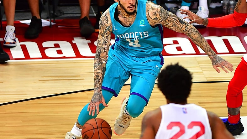 Aug 16, 2021; Las Vegas, Nevada, USA; Charlotte Hornets forward LiAngelo Ball (8) dribbles during an NBA Summer League game against the Chicago Bulls at Thomas & Mack Center. Mandatory Credit: Stephen R. Sylvanie-USA TODAY Sports