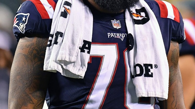Aug 19, 2021; Philadelphia, Pennsylvania, USA; New England Patriots offensive tackle Isaiah Wynn (76) walks off the field against the Philadelphia Eagles at Lincoln Financial Field. Mandatory Credit: Eric Hartline-USA TODAY Sports