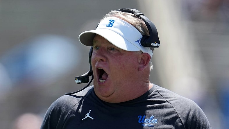 Aug 28, 2021; Pasadena, California, USA; UCLA Bruins head coach Chip Kelly reacts in the first half against the Hawaii Rainbow Warriors at Rose Bowl. Mandatory Credit: Kirby Lee-USA TODAY Sports