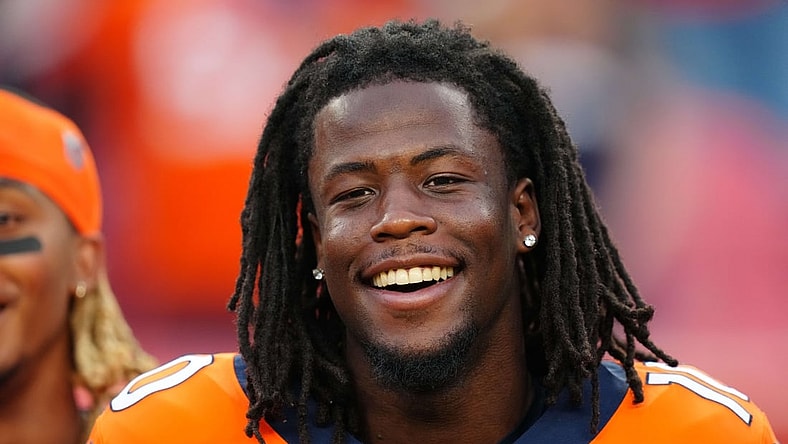 Aug 28, 2021; Denver, Colorado, USA; Denver Broncos wide receiver Jerry Jeudy (10) before the preseason game against the Los Angeles Rams at Empower Field at Mile High. Mandatory Credit: Ron Chenoy-USA TODAY Sports