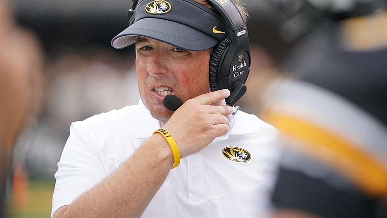 Sep 4, 2021; Columbia, Missouri, USA; Missouri Tigers head coach Eli Drinkwitz on the sidelines against the Central Michigan Chippewas during the first half at Faurot Field at Memorial Stadium. Mandatory Credit: Denny Medley-USA TODAY Sports