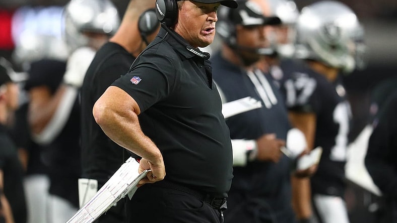 Sep 13, 2021; Paradise, Nevada, USA; Las Vegas Raiders head coach Jon Gruden watches game action against the Baltimore Ravens during the first half at Allegiant Stadium. Mandatory Credit: Mark J. Rebilas-USA TODAY Sports