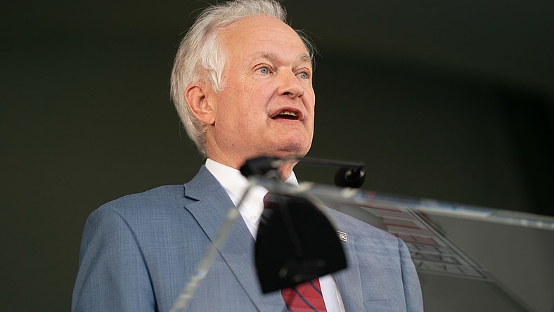 Sep 8, 2021; Cooperstown, New York, USA; Donald Fehr makes the acceptance speech for the late Hall of Fame inductee Marvin Miller during the 2021 National Baseball Hall of Fame induction ceremony at Clark Sports Center. Mandatory Credit: Gregory Fisher-USA TODAY Sports