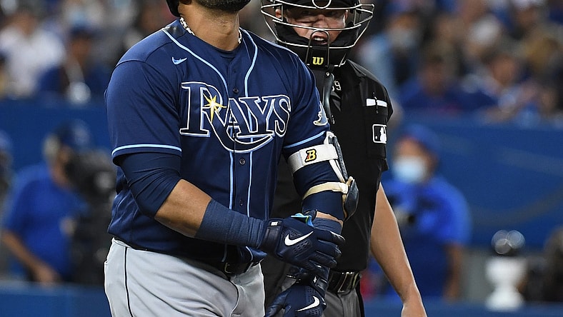Sep 14, 2021; Toronto, Ontario, CAN;  Tampa Bay Rays designated hitter Nelson Cruz (23) reacts after being hit by a pitch against the Tampa Bay Rays in the sixth inning at Rogers Centre. Mandatory Credit: Dan Hamilton-USA TODAY Sports