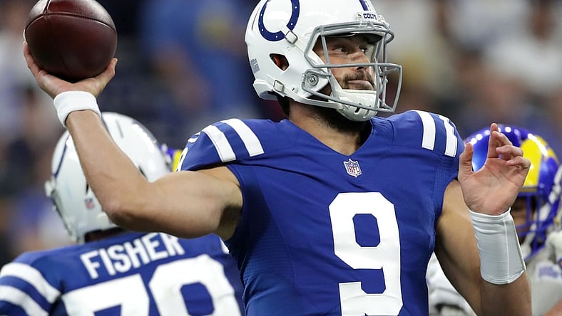 Indianapolis Colts quarterback Jacob Eason (9) throws for an interception Sunday, Sept. 19, 2021, during a game against the Los Angeles Rams at Lucas Oil Stadium in Indianapolis.