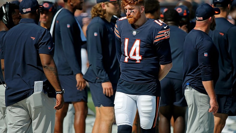 Sep 19, 2021; Chicago, Illinois, USA; Chicago Bears quarterback Andy Dalton (14) stands on the sideline during the fourth quarter of their game against the Cincinnati Bengals at Soldier Field. Mandatory Credit: Jon Durr-USA TODAY Sports