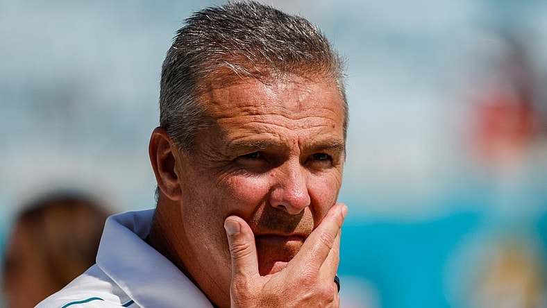 Sep 26, 2021; Jacksonville, Florida, USA; Jacksonville Jaguars head coach Urban Meyer looks on prior to the game against the Arizona Cardinals at TIAA Bank Field. Mandatory Credit: Nathan Ray Seebeck-USA TODAY Sports