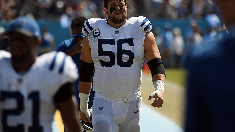 Sep 26, 2021; Nashville, Tennessee, USA; Indianapolis Colts offensive guard Quenton Nelson (56) leaves the field at half against the Tennessee Titans at Nissan Stadium. Mandatory Credit: Christopher Hanewinckel-USA TODAY Sports