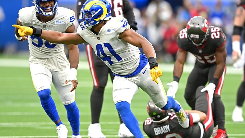 Sep 26, 2021; Inglewood, California, USA;  Los Angeles Rams inside linebacker Kenny Young (41) reacts after a sack of Tampa Bay Buccaneers quarterback Tom Brady (12) in the third quarter of the game at SoFi Stadium. Mandatory Credit: Jayne Kamin-Oncea-USA TODAY Sports