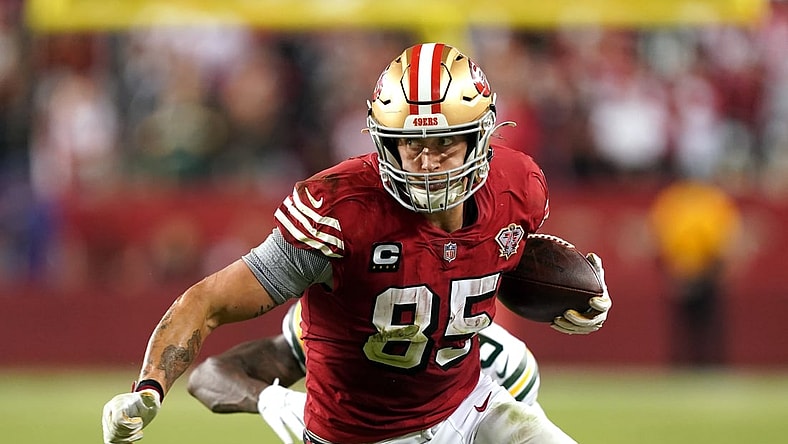 Sep 26, 2021; Santa Clara, California, USA; San Francisco 49ers tight end George Kittle (85) runs after a catch during the fourth quarter against the Green Bay Packers at Levi's Stadium. Mandatory Credit: Darren Yamashita-USA TODAY Sports