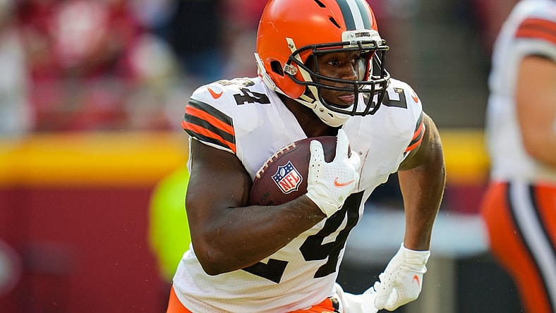 Sep 12, 2021; Kansas City, Missouri, USA; Cleveland Browns running back Nick Chubb (24) runs against the Kansas City Chiefs during the first half at GEHA Field at Arrowhead Stadium. Mandatory Credit: Jay Biggerstaff-USA TODAY Sports