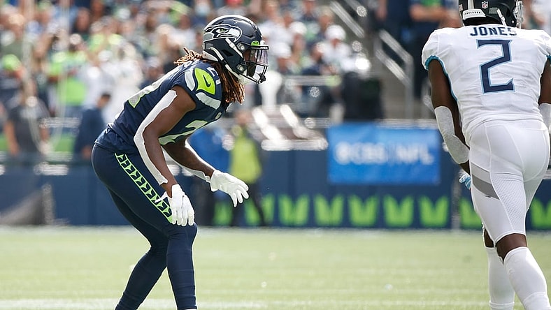 Sep 19, 2021; Seattle, Washington, USA; Seattle Seahawks cornerback Tre Flowers (21) waits for a snap against the Tennessee Titans during the second quarter at Lumen Field. Mandatory Credit: Joe Nicholson-USA TODAY Sports