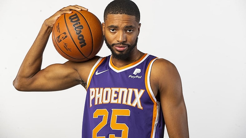 Sep 27, 2021; Phoenix, AZ, USA; Phoenix Suns forward Mikal Bridges poses for a portrait during media day at the Footprint Center. Mandatory Credit: Mark J. Rebilas-USA TODAY Sports