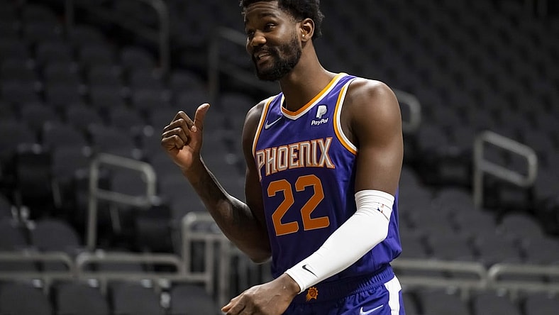 Sep 27, 2021; Phoenix, AZ, USA; Phoenix Suns center DeAndre Ayton during media day at the Footprint Center. Mandatory Credit: Mark J. Rebilas-USA TODAY Sports