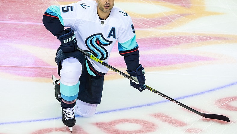 Sep 29, 2021; Calgary, Alberta, CAN; Seattle Kraken defenseman Mark Giordano (5) during the warmup period against the Calgary Flames at Scotiabank Saddledome. Mandatory Credit: Sergei Belski-USA TODAY Sports