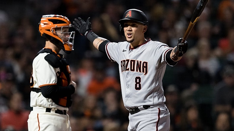 Sep 30, 2021; San Francisco, California, USA; Arizona Diamondbacks third baseman Ildemaro Vargas (8) reacts after a called third strike in the third inning of the game against the San Francisco Giants at Oracle Park. Mandatory Credit: John Hefti-USA TODAY Sports