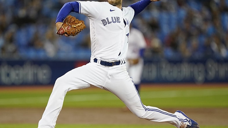 Oct 1, 2021; Toronto, Ontario, CAN; Toronto Blue Jays starting pitcher Steven Matz (22) pitches to the Baltimore Orioles during the second inning at Rogers Centre. Mandatory Credit: John E. Sokolowski-USA TODAY Sports