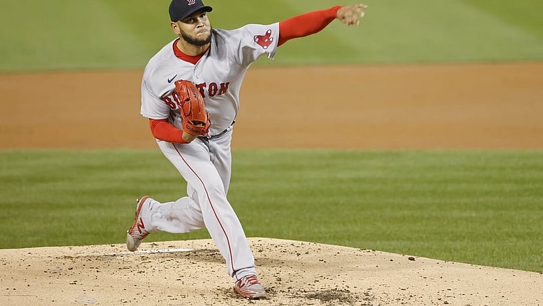 Oct 1, 2021; Washington, District of Columbia, USA; Boston Red Sox starting pitcher Eduardo Rodriguez (57) pitches against the Washington Nationals during the second inning at Nationals Park. Mandatory Credit: Geoff Burke-USA TODAY Sports
