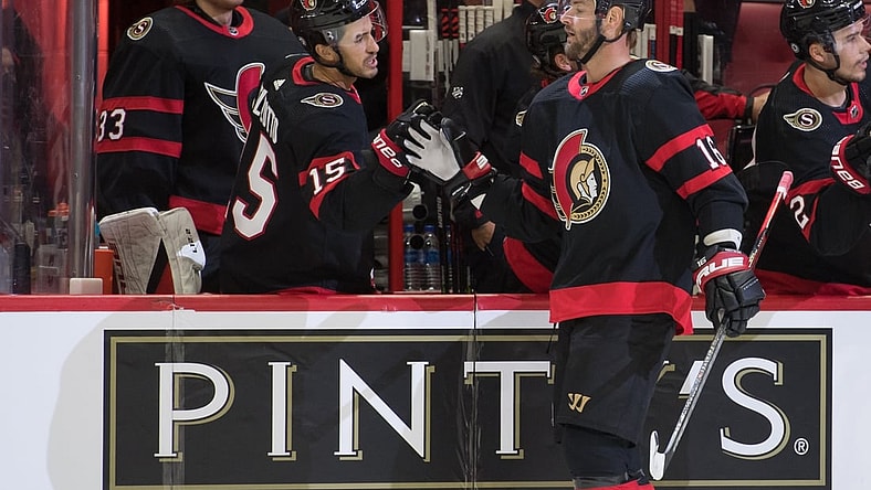 Sep 31, 2021; Ottawa, Ontario, CAN; Ottawa Senators left wing Austin Watson (16) celebrates his goal in the first period against the Montreal Canadiens at the Canadian Tire Centre. Mandatory Credit: Marc DesRosiers-USA TODAY Sports