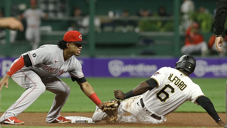 Oct 1, 2021; Pittsburgh, Pennsylvania, USA;  Cincinnati Reds shortstop Jose Barrero (38) tags Pittsburgh Pirates left fielder Anthony Alford (6) out at second base on a steal attempt during the fourth inning at PNC Park. Mandatory Credit: Charles LeClaire-USA TODAY Sports