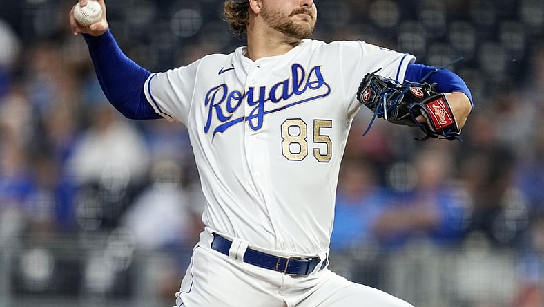 Oct 1, 2021; Kansas City, Missouri, USA; Kansas City Royals starting pitcher Jon Heasley (85) pitches against the Minnesota Twins during the first inning at Kauffman Stadium. Mandatory Credit: Jay Biggerstaff-USA TODAY Sports