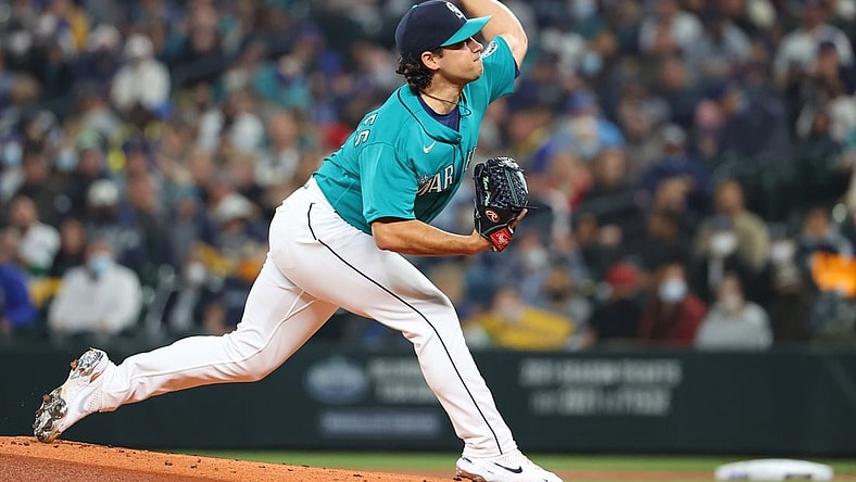 Oct 1, 2021; Seattle, Washington, USA;  Seattle Mariners starting pitcher Marco Gonzales (7) pitches against the Los Angeles Angels during the first inning at T-Mobile Park. Mandatory Credit: Abbie Parr-USA TODAY Sports