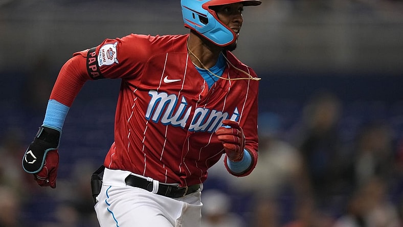 Oct 1, 2021; Miami, Florida, USA; Miami Marlins first baseman Lewin Diaz (68) runs the bases after hitting a ground rule double in the 8th inning against the Philadelphia Phillies at loanDepot park. Mandatory Credit: Jasen Vinlove-USA TODAY Sports