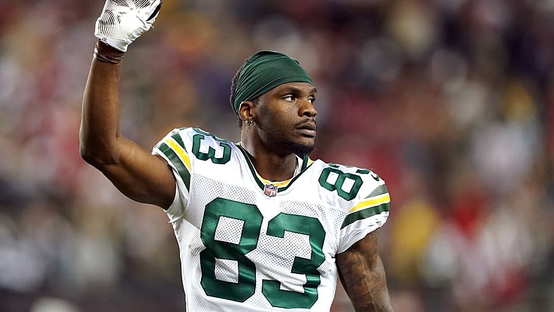 Sep 26, 2021; Santa Clara, California, USA; Green Bay Packers wide receiver Marquez Valdes-Scantling (83) gestures after the game against the San Francisco 49ers at Levi's Stadium. Mandatory Credit: Darren Yamashita-USA TODAY Sports