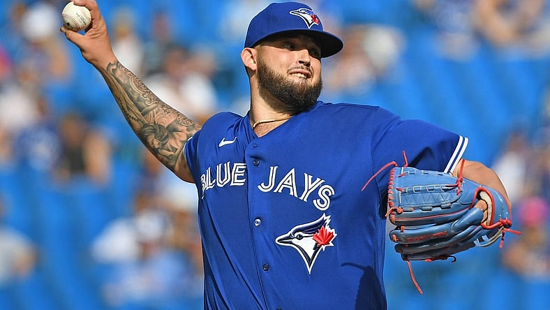 Oct 2, 2021; Toronto, Ontario, CAN;   Toronto Blue Jays starting pitcher Alek Manoah (6) delivers a pitch against Baltimore Orioles in the first inning at Rogers Centre. Mandatory Credit: Dan Hamilton-USA TODAY Sports