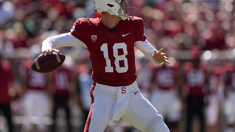 Oct 2, 2021; Stanford, California, USA;  Stanford Cardinal quarterback Tanner McKee (18) throws the ball during the first quarter against the Oregon Ducks at Stanford Stadium. Mandatory Credit: Stan Szeto-USA TODAY Sports