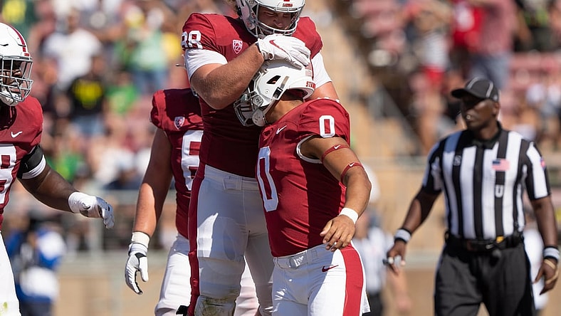Oct 2, 2021; Stanford, California, USA;  Stanford Cardinal tight end Tucker Fisk (88) celebrates with quarterback Isaiah Sanders (0) during the second quarter against the Oregon Ducks at Stanford Stadium. Mandatory Credit: Stan Szeto-USA TODAY Sports