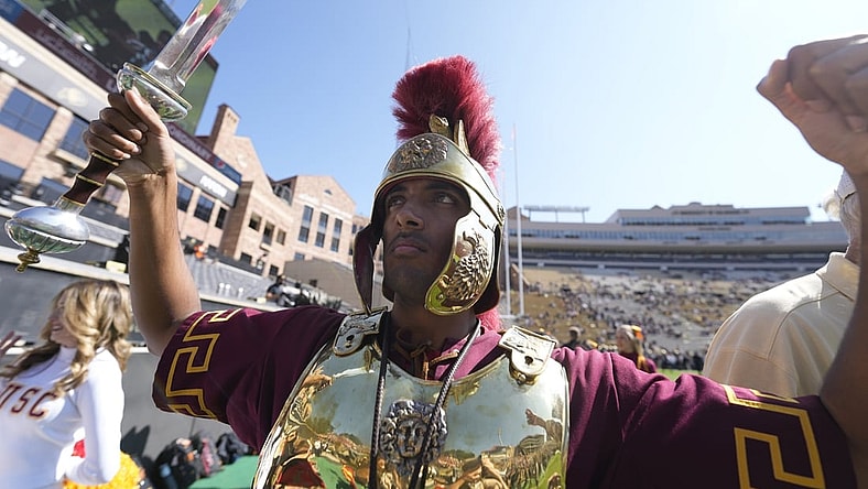 Oct 2, 2021; Boulder, Colorado, USA; USC Trojans mascot cheers before the game against the Colorado Buffaloes at Folsom Field. Mandatory Credit: Ron Chenoy-USA TODAY Sports