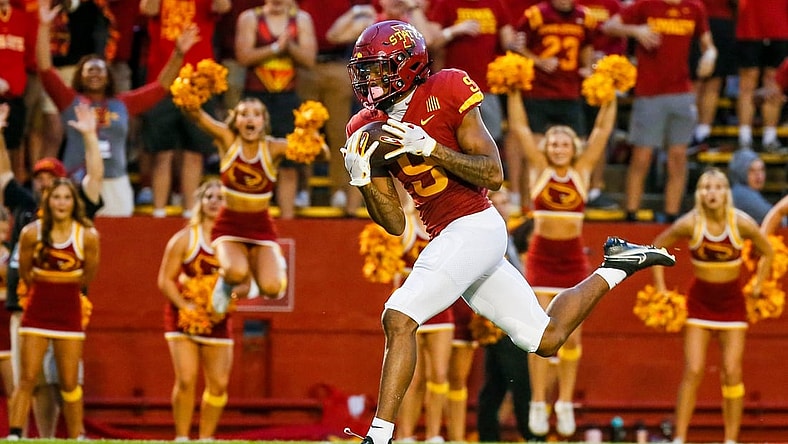 Iowa State Cyclones wide receiver Joe Scates (9) catches a touchdown pass during the first half of the game against Kansas at Jack Trice Stadium in Ames, Saturday, Oct. 2, 2021.

Isu9 Jpg