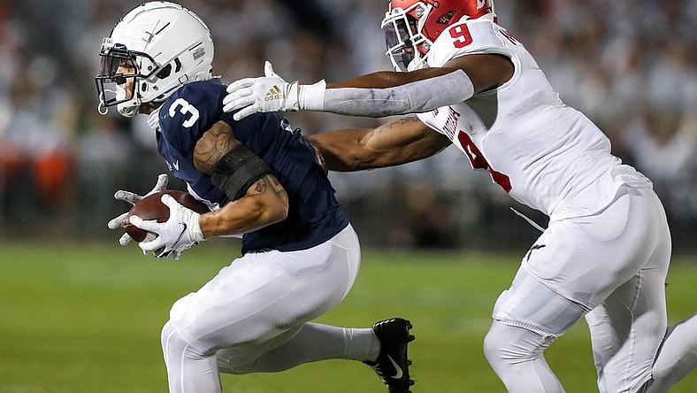 Oct 2, 2021; University Park, Pennsylvania, USA; Penn State Nittany Lions wide receiver Parker Washington (3) makes a catch against the Indiana Hoosiers during the first quarter at Beaver Stadium. Mandatory Credit: Matthew OHaren-USA TODAY Sports