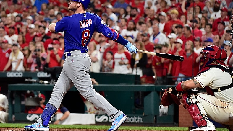Oct 2, 2021; St. Louis, Missouri, USA;  Chicago Cubs left fielder Ian Happ (8) hits a go ahead two run home run during the ninth inning against the St. Louis Cardinals at Busch Stadium. Mandatory Credit: Jeff Curry-USA TODAY Sports