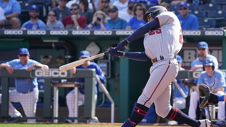 Oct 3, 2021; Kansas City, Missouri, USA; Minnesota Twins center fielder Byron Buxton (25) hits a single against the Kansas City Royals in the first inning at Kauffman Stadium. Mandatory Credit: Denny Medley-USA TODAY Sports