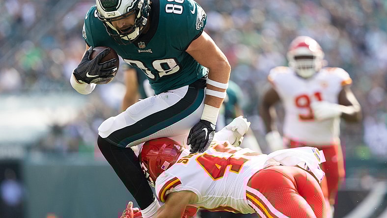 Oct 3, 2021; Philadelphia, Pennsylvania, USA; Kansas City Chiefs defensive back Daniel Sorensen (49) tackles Philadelphia Eagles tight end Dallas Goedert (88) after a reception during the third quarter at Lincoln Financial Field. Mandatory Credit: Bill Streicher-USA TODAY Sports