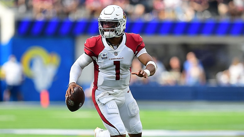 Oct 3, 2021; Inglewood, California, USA; Arizona Cardinals quarterback Kyler Murray (1) moves out to pass against the Los Angeles Rams during the first half at SoFi Stadium. Mandatory Credit: Gary A. Vasquez-USA TODAY Sports