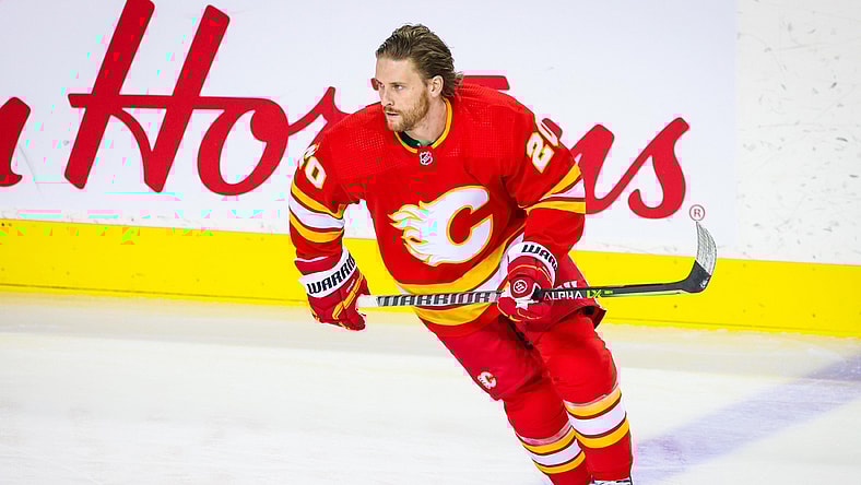 Sep 29, 2021; Calgary, Alberta, CAN; Calgary Flames center Blake Coleman (20) skates during the warmup period against the Seattle Kraken at Scotiabank Saddledome. Mandatory Credit: Sergei Belski-USA TODAY Sports