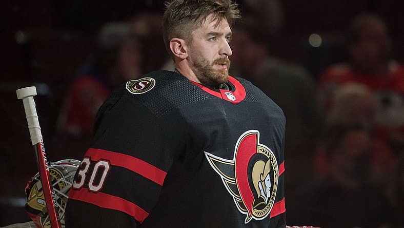 Oct 1, 2021; Ottawa, Ontario, CAN; Ottawa Senators goalie Matt Murray (30) stands for the National Anthem prior to start of game against the Montreal Canadiens at the Canadian Tire Centre. Mandatory Credit: Marc DesRosiers-USA TODAY Sports