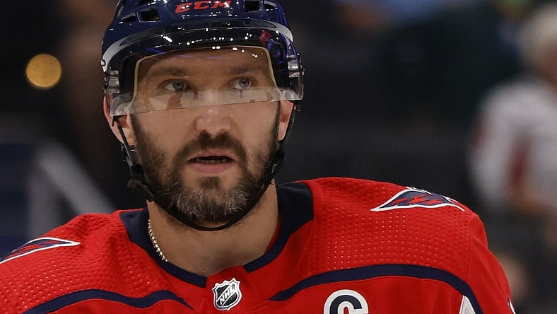 Sep 29, 2021; Washington, District of Columbia, USA; Washington Capitals left wing Alex Ovechkin (8) on the ice against the New Jersey Devils at Capital One Arena. Mandatory Credit: Geoff Burke-USA TODAY Sports