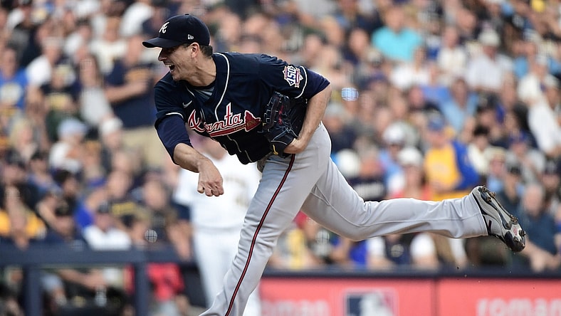 Oct 8, 2021; Milwaukee, Wisconsin, USA; Atlanta Braves starting pitcher Charlie Morton (50) pitches in the second inning against the Milwaukee Brewers during game one of the 2021 NLDS at American Family Field. Mandatory Credit: Benny Sieu-USA TODAY Sports